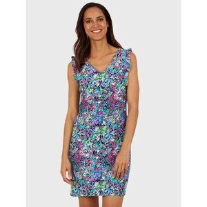 Jude Connally XL Colorful Abstract Floral Dress Ruffle Strap Stretch Jude Cloth